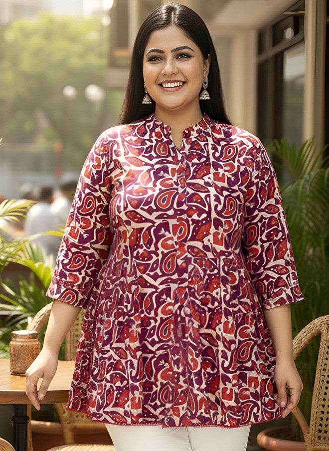 Indietoga Women Plus Size Paisley Print Mandarin Collar Cotton Fit & Flare Top - Image 1